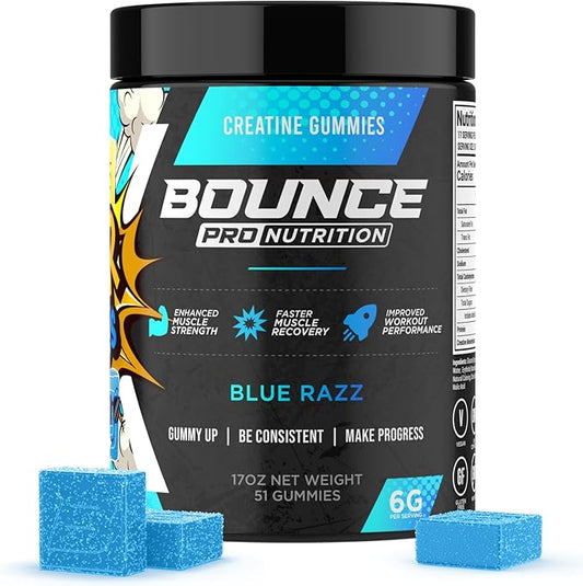 Bounce Pro Creatine Monohydrate Gummies for Men & Women, Low Calorie, 6G of Creatine per Serving, Vegan, Anti-Melting, Gluten-Free, Non-GMO, 2g of Creatine per Gummy (51ct, Blue Razz)