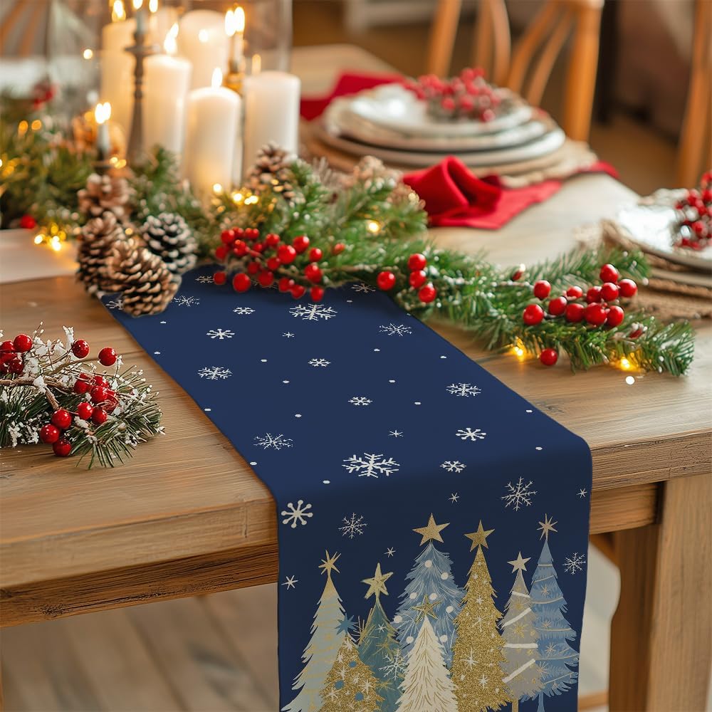 GEEORY Christmas Table Runner 13x90 Inch, Xmas Trees Snowflakes Holiday Decorative Farmhouse Table Decoration for Kitchen Dinning, Indoor Outdoor Dinner Party Decor (Blue) GT151-90