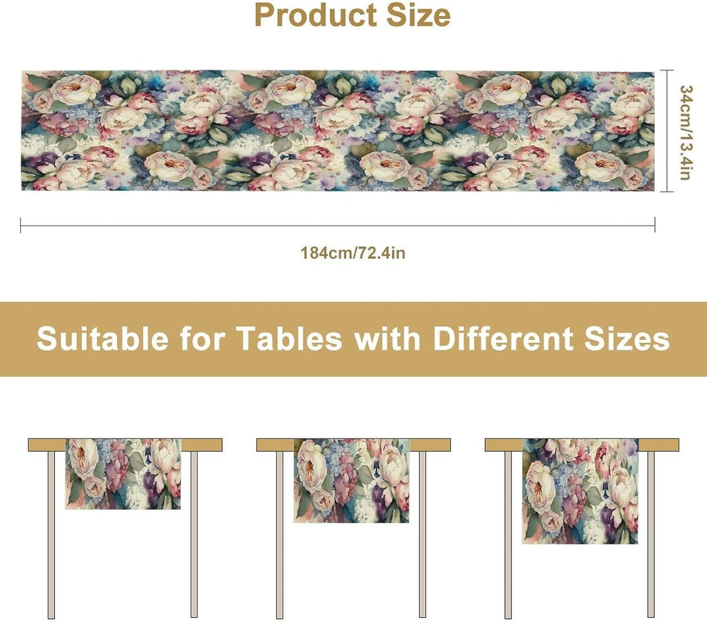 Vintage Floral Table Runner,Girls Women Rose Romantic Leaf Botanical Watercolor Pattern Print Burlap for Hotel Indoors Outdoor Dining Room Kitchen Holiday Party, 13x90in