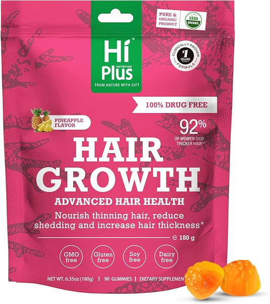 Women's Hair Growth Supplement Gummies, Nourishes Thinning Hair & Boosts Hair Thickness, with Collagen, Biotin, Zinc, Vitamin C & Iron – Pineapple Flavor – 90 Gummies, 45 Day Supply