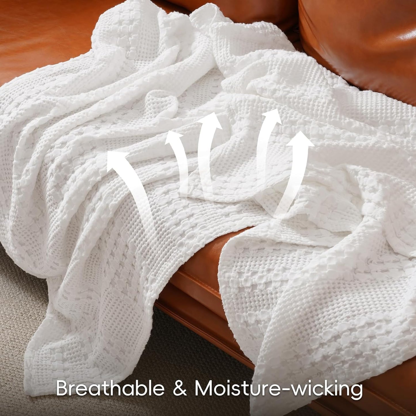 PHF 100% Cotton Waffle Weave Blanket Queen Size for Bed, Soft Lightweight & Breathable, All-Season Comfort, Luxury Aesthetic Woven Bedding for Home Decor, 90"x90", White