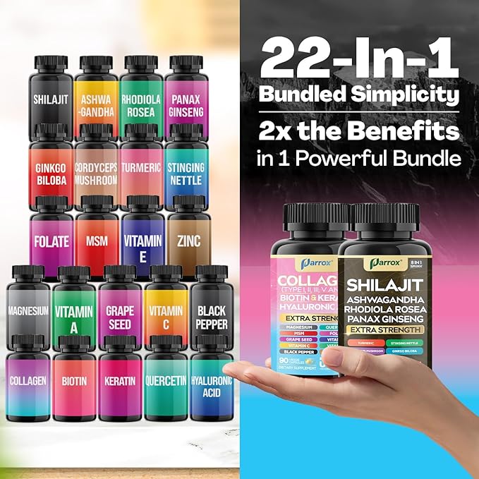 Adaptogen & Beauty Bundle – Rhodiola, Panax Ginseng, Ashwagandha, Cordyceps, Turmeric, Collagen, Biotin, Keratin, MSM, Hyaluronic Acid, Zinc, Quercetin, Vitamin C, A & E, Folate, Magnesium