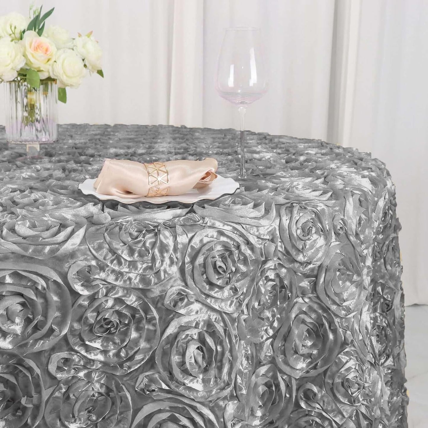 Efavormart 120" Wholesale Round Table Cover Silver Grandiose Rosette 3D Satin Tablecloth for Wedding Party Event Decoration