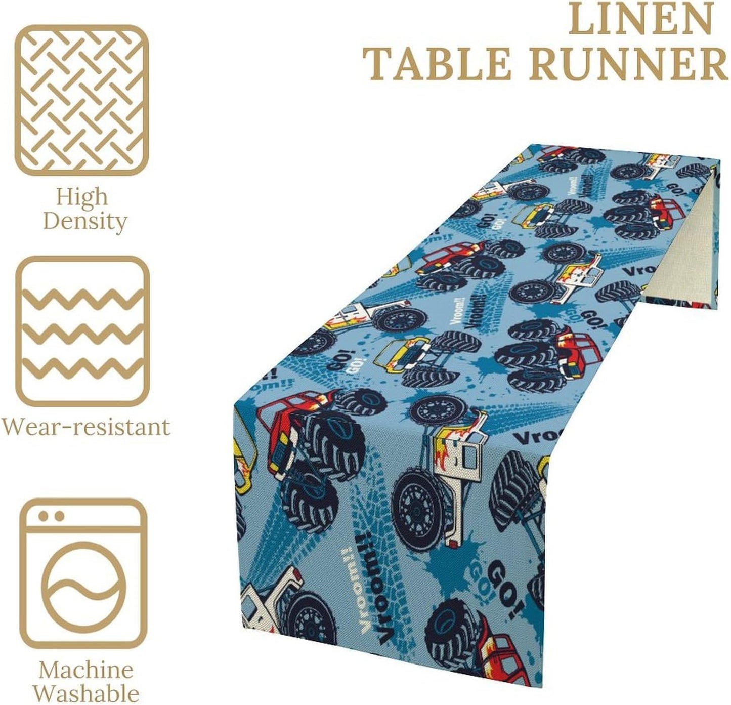 Monster Truck Table Runner,for Kids Boys Cool Colorful Cartoon Blue Cars Pattern Print Tablecloth Burlap for Hotel Indoors Outdoor Dining Room Kitchen Home Decor,W13X L60 in