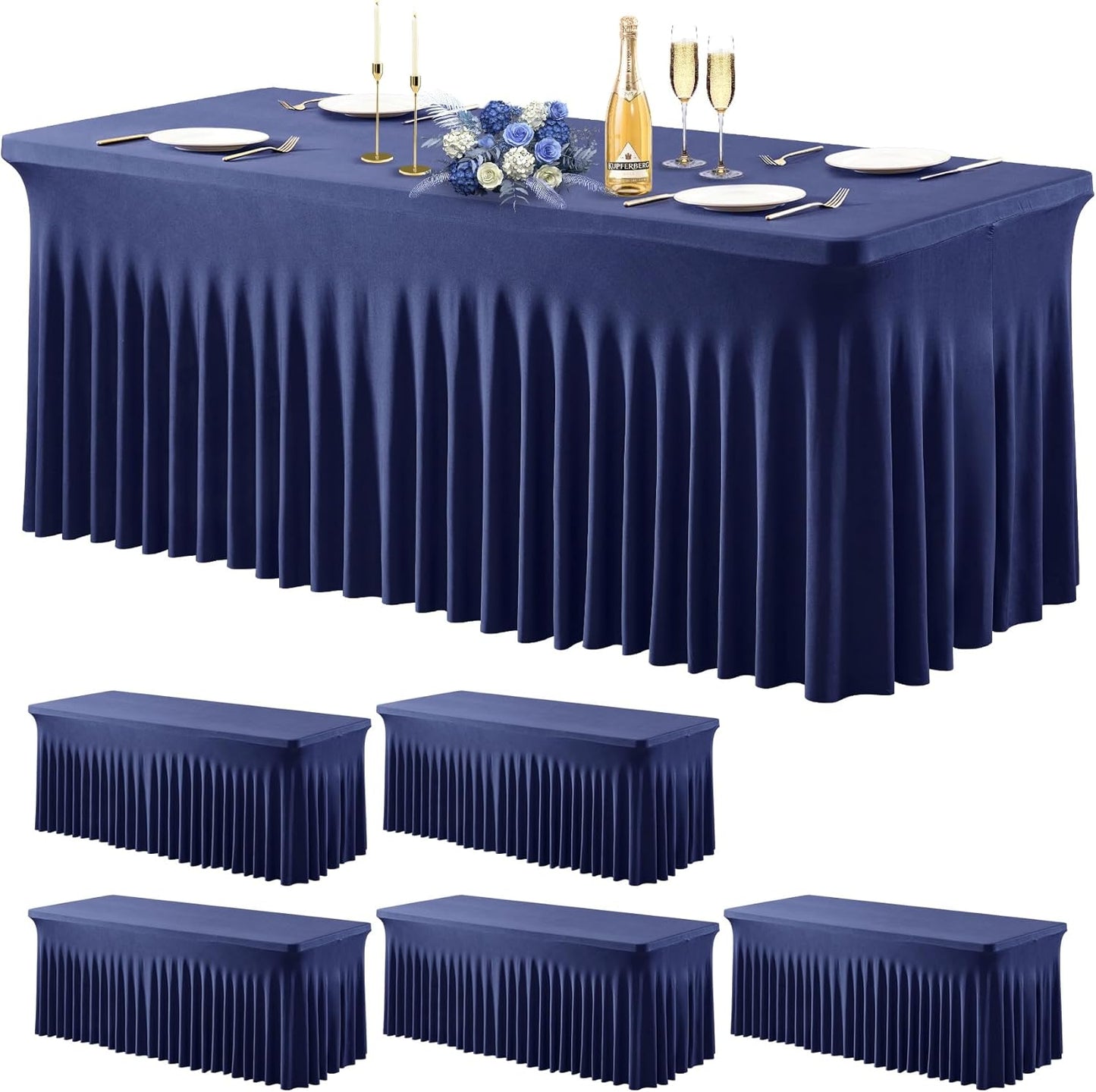 Wish Care 6 Pack Navy Blue Stretch Spandex Table Clothes for 6 Foot Rectangle Tables, 6FT Wrinkle Free Fitted Tablecloths Ruffles Design Table Cover for Party, Banquet, Wedding and Events