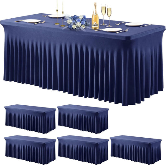 Wish Care 6 Pack Navy Blue Spandex Table Clothes for 8 Foot Rectangle Tables, 8FT Wrinkle Free Fitted Tablecloths Ruffles Design Table Cover for Party, Banquet, Wedding and Events