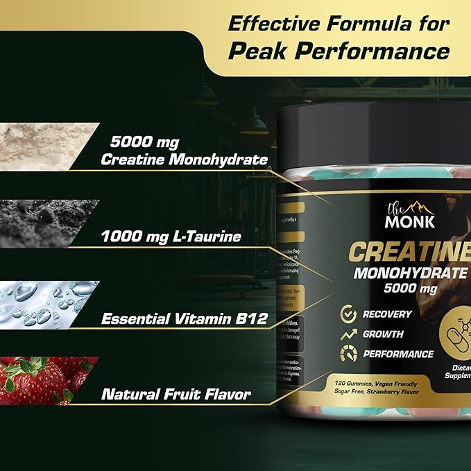 THE MONK Creatine Monohydrate Gummies for Men & Women - Sugar Free, Vegan, Gluten-Free, Non-GMO - 5000 mg Per Serving - 120 Gummies