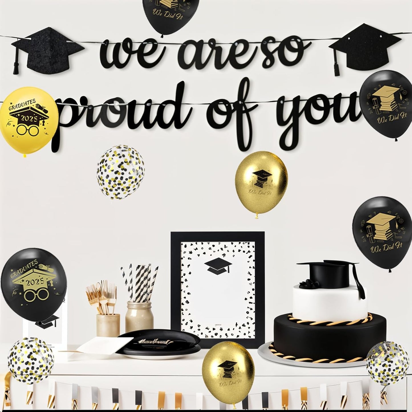 2025 Graduation Balloons, 12 Inch Black and Gold Congratulations Congrats Confetti Balloons for Graduation Party Black and Gold Birthday Decorations