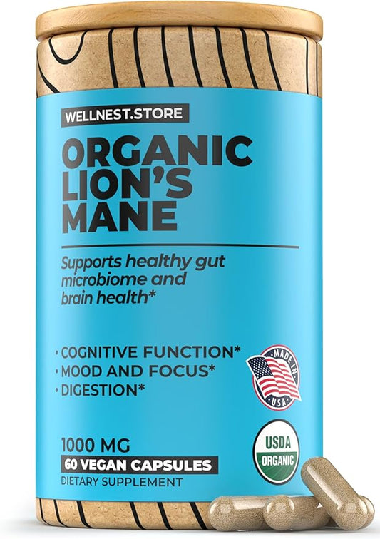 Lions Mane Mushroom Organic Supplement (Hericium Extract) - 1000mg 60 Veggie Capsules - Nootropics Brain Support Supplement; Supports Cognitive Function and Promotes Vitality, Protects Nerve Cells