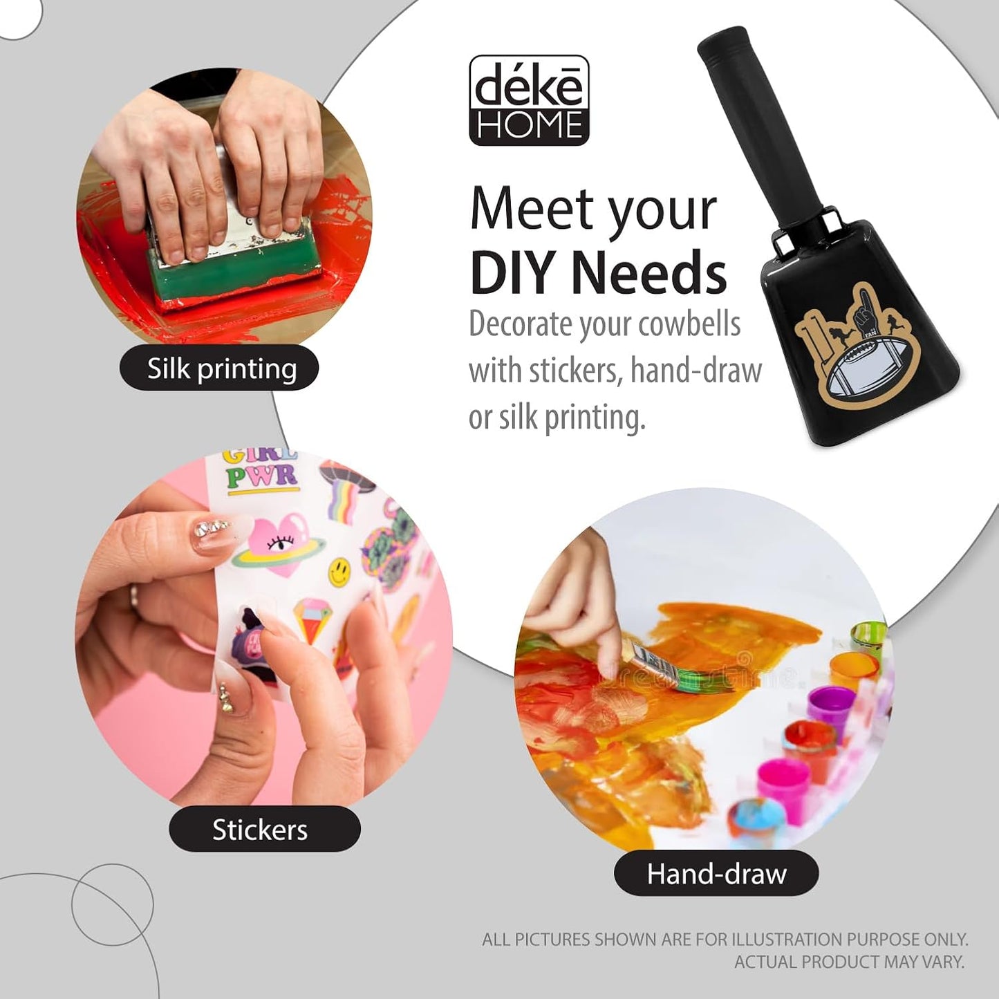 Deke Home - 2 Pack 7 Inch Steel Cowbells with Handle, Loud Noise Makers for Football, Sports, Parties, Competitions, School Spirit & Safety, Large Hand Bell for Cheering & Percussion Instrument