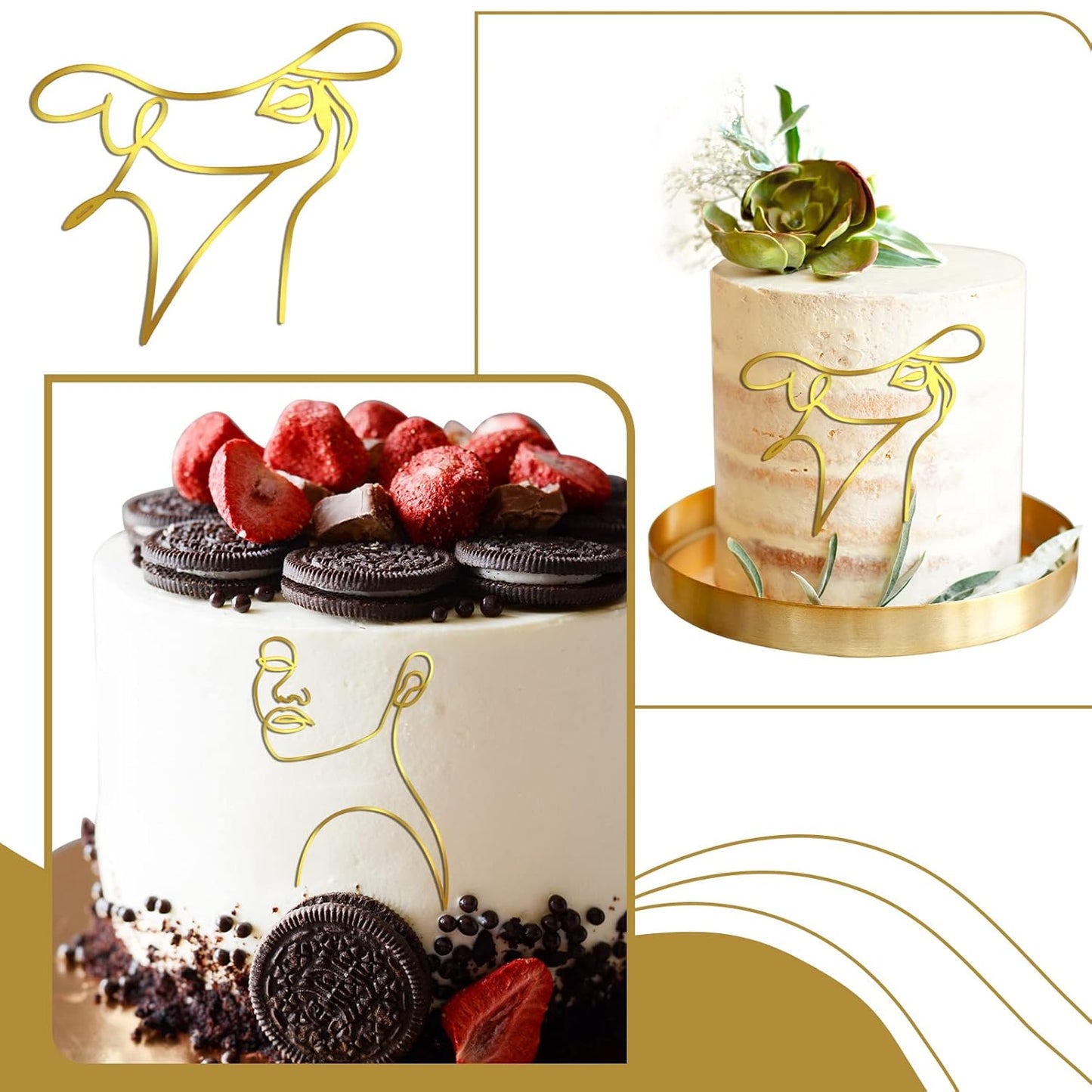 Kigley 22 Pcs Minimalist Art Lady Face Cake Topper Butterflies Cake Decoration Acrylic Wedding Birthday Boho Cake Toppers for Women Bridal Shower Party Supplies (Gold)