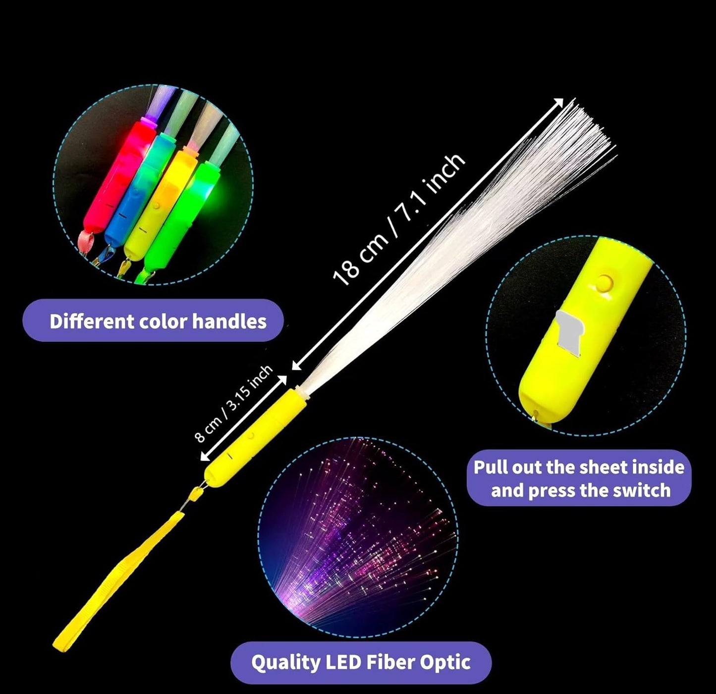 48 PCS Glow Fiber Wands Sticks LED Light Wands 3 Modes Flashing Fiber Optic Light Rod Bulk Fiber Optic Wands for Halloween Christmas Bar Wedding Party Supplies