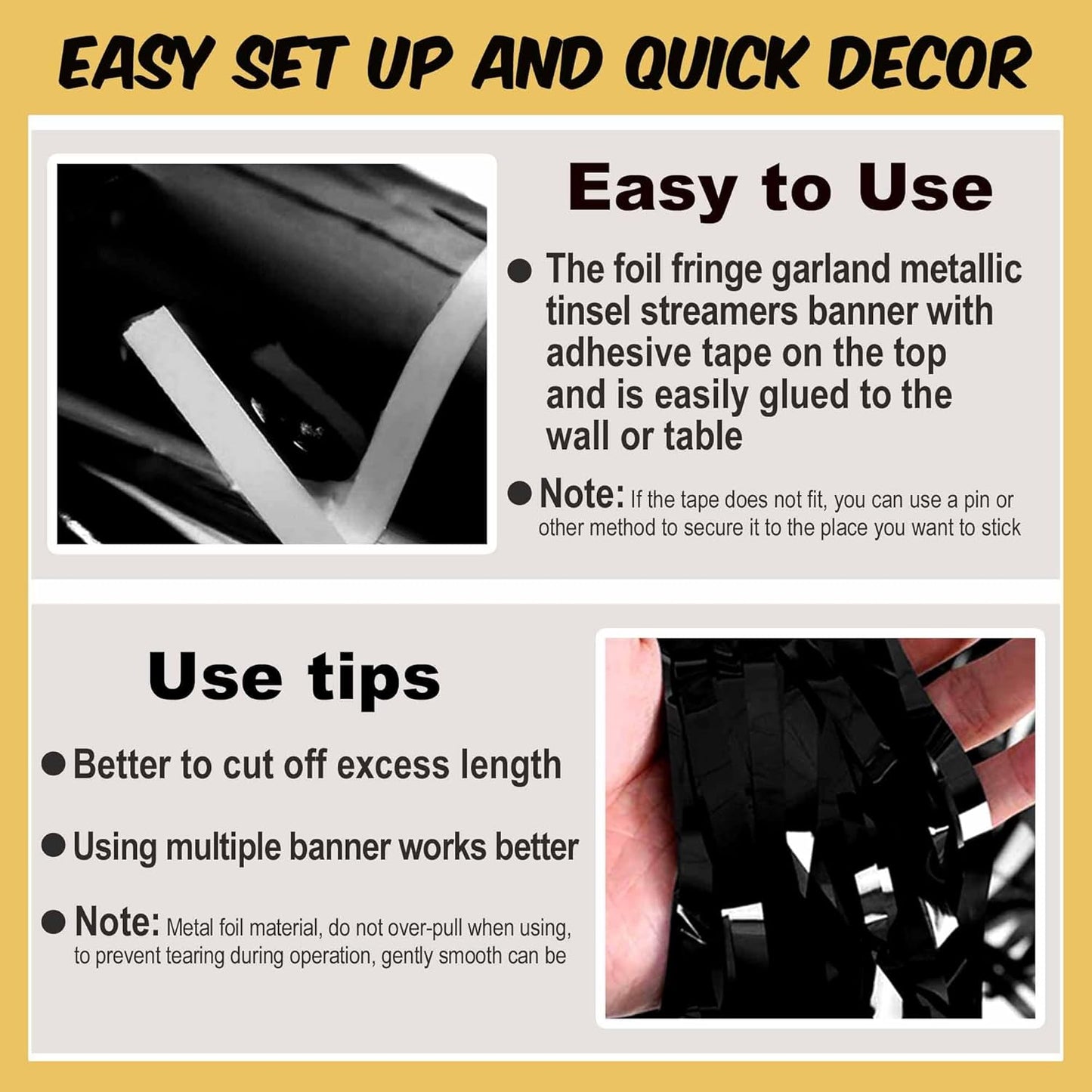 6 Pack 10 Ft Black Foil Fringe Garland Metallic Streamers Tinsel Banner Wall Hanging Garland Backdrop for Parade Floats, Halloween, Christmas, Thanksgiving, New Year Party Decorations