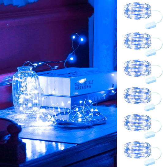 HXWEIYE 6 Pack Blue Fairy Lights Battery Operated, 7ft 20LED Mini Mason Jar Fairy String Lights, Waterproof Firefly Starry Light for DIY Wedding Party Bedroom Patio Christmas Décor