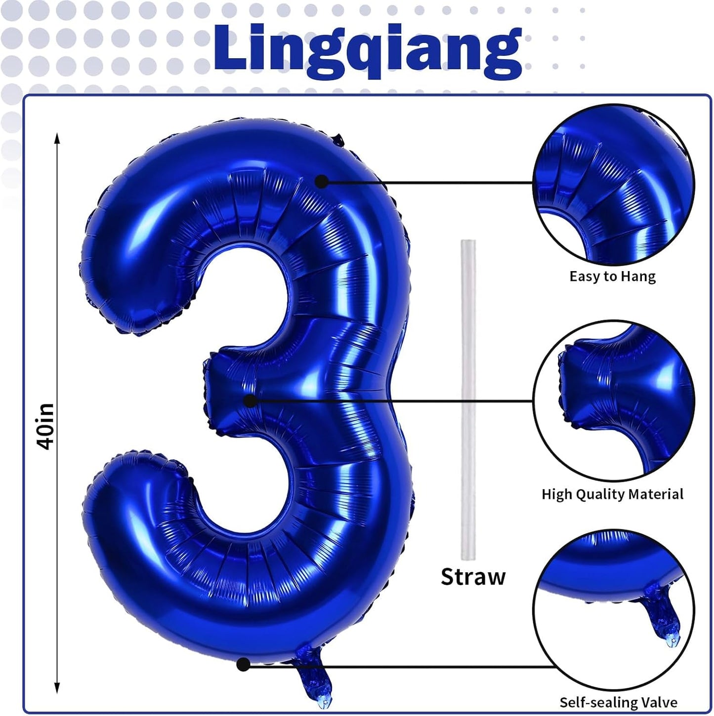Navy Blue Number 3 Balloon, 40In Large Dark Blue Foil Number Balloons Set 0-9 for Women, Self Inflating Royal Blue Digital 3 Helium Balloon for Boys 3rd Birthday Party Decorations Supplies
