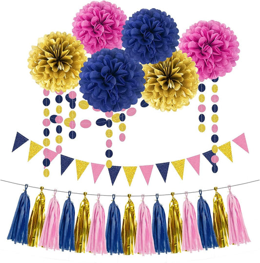 Gold Navy-Blue Pink Party Decorations - 23pcs Tissue Paper Flower Pom Poms Tassel Garland Pennant Banner Flags Streamers Birthday Baby Bridal Shower Engagement Bachelorette Wedding Gender Reveal Decor