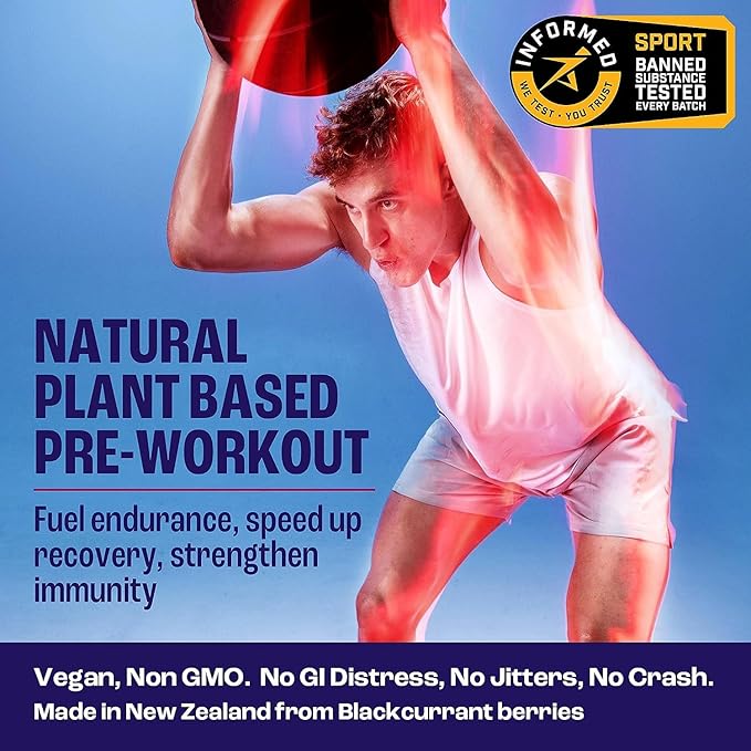 All Natural Vegan Pre Workout, with 120mg Caffeine I Clean Energy, Endurance, Recovery I Pre Workout Women and Men I 20 x Individual Packets I Informed Sports Certified I Blackcurrant