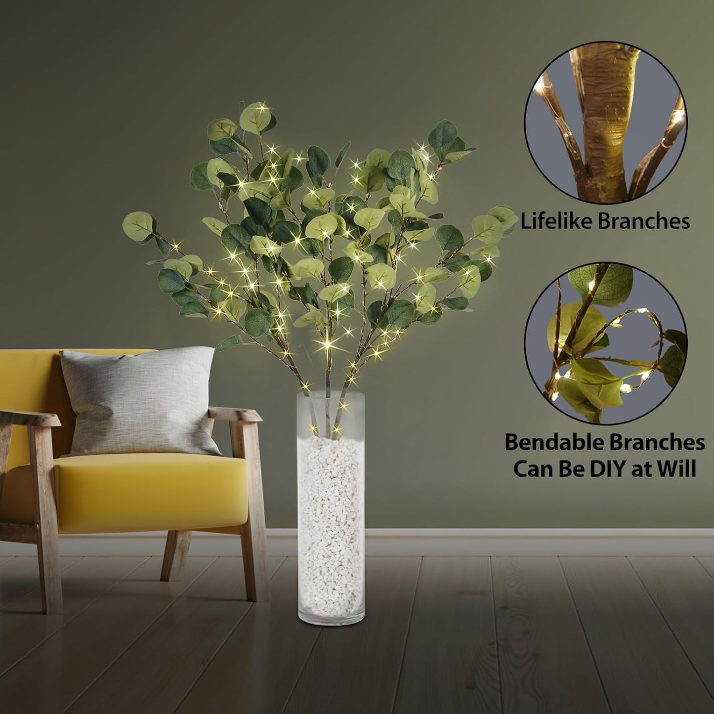 Lighted Eucalyptus Branches with Timer, Lighted Branches 33IN 99 LED, Artificial Light, Eucalyptus Night Light, Artificial Plant for Home Spring Party Wedding Decor-Battery Operated, Home Decor