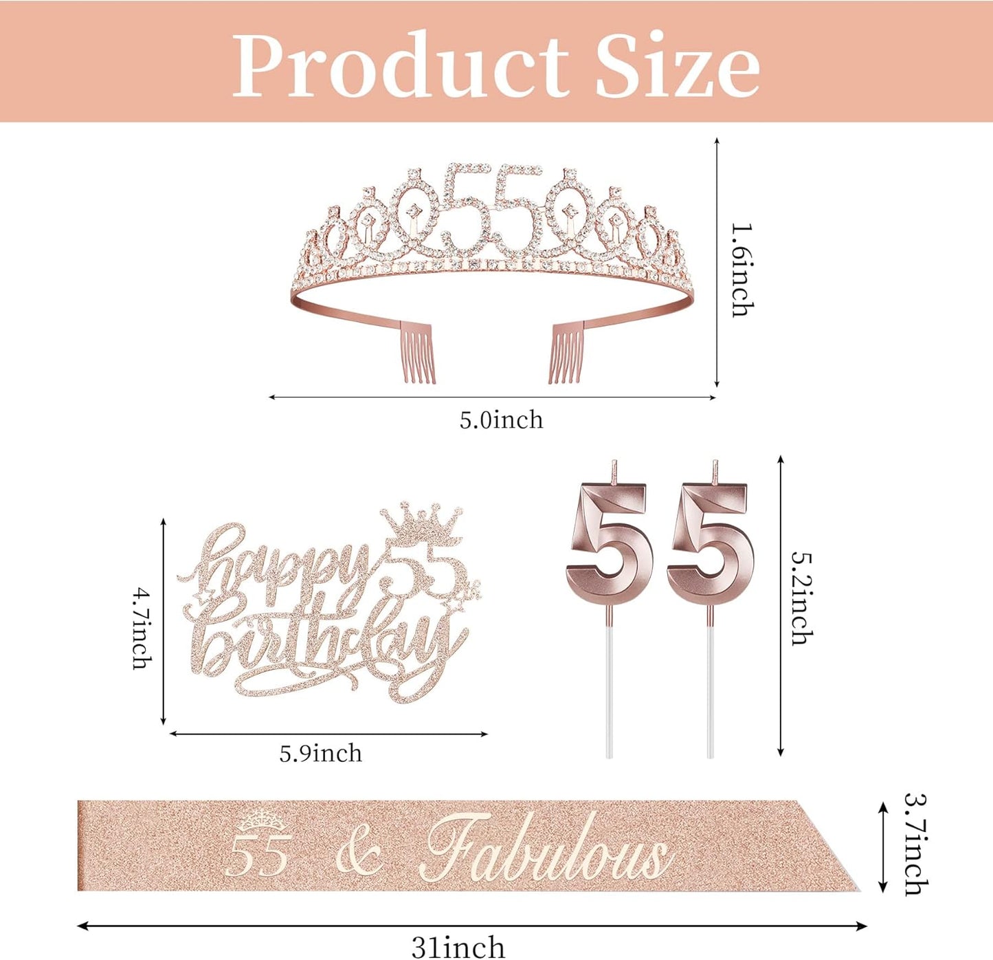 55 Birthday Decorations for Women Including Sash, Tiara, Numeral Candles and Cake Topper, 55th Birthday Gifts for Women, Rose Gold Party Favor Supplies