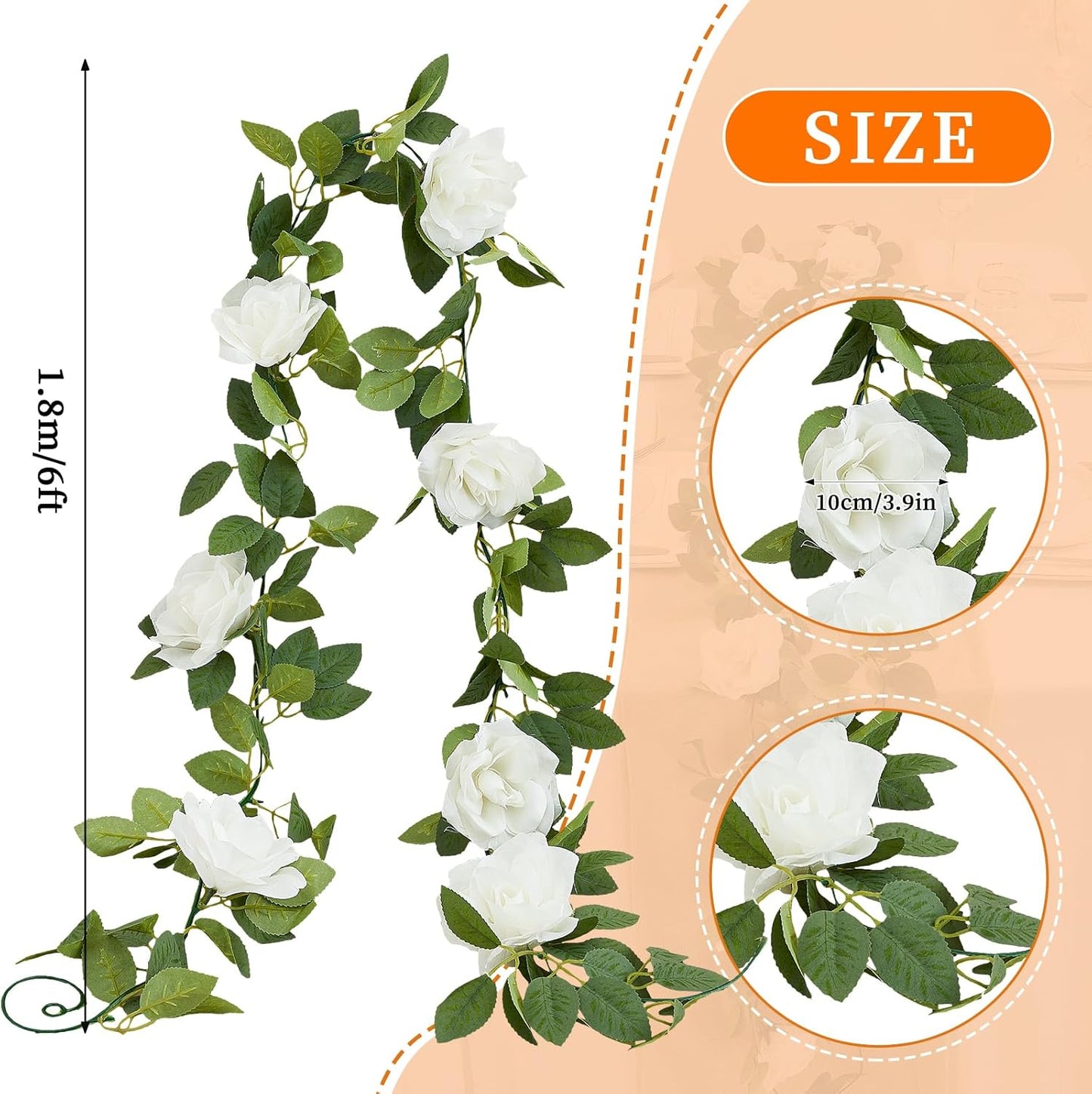 White Artificial Rose Garlands Rose Vines Leaves Banners Hanging Floral Garland Fake Rose Flower Vine for Wedding Arch Ceremony Home Garden Outdoor Party Wall Decorations