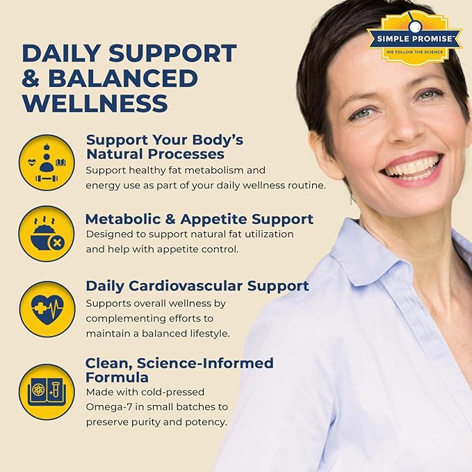 Simple Promise Ultra Omega Burn - Omega-7 Supplement with Pure Palmitoleic Acid - Fish Oil for Metabolism, Weight Support & Cardiovascular Health - Healthy Heart Support for Men & Women | 30 Softgels