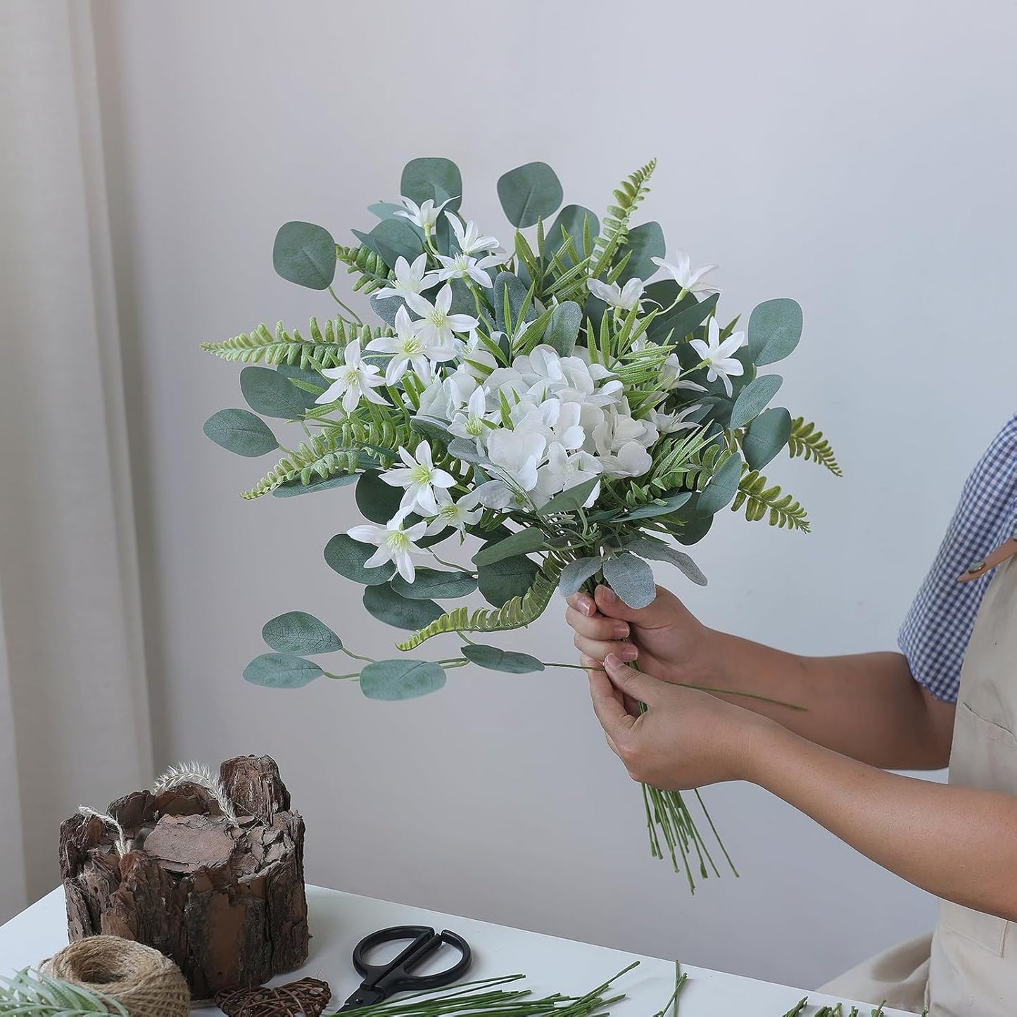 FOTEEWL 70 Pcs Artificial Greenery Stems Box Set,with 7 Kinds of Faux Plants and Fake Flowers for DIY Bridal Bouquets Wedding Floral Arrangement Table Centerpieces Decoration (Sage Green & Beige)