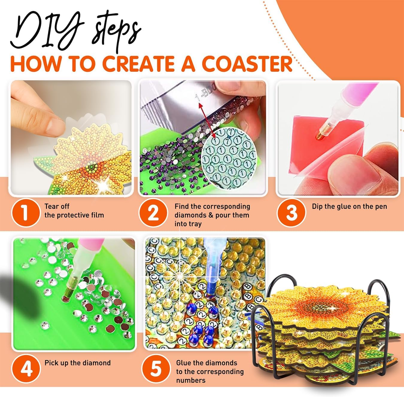 10 pcs Diamond Painting Coasters | Diamond Art Coasters | Sunflower Diamond Art Painting | Perfect Art Craft Gift for Sunflower Lover, Dad, Mom, Grandparents, Brother, Sister.