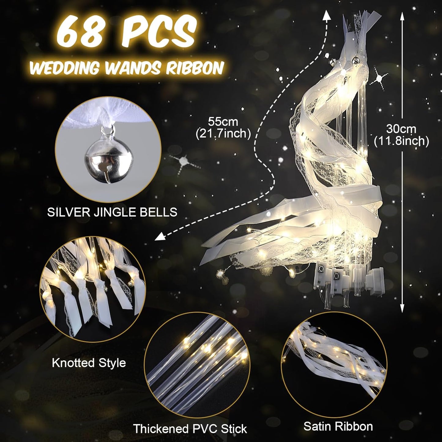 68PCS Light up Wands for wedding, Wedding Wands Streamers with 3 Colorful Flashing Modes, Fairy Wands, LED Silk Fairy Wand with Bells for Wedding, New Year, Thanksgiving, Concert