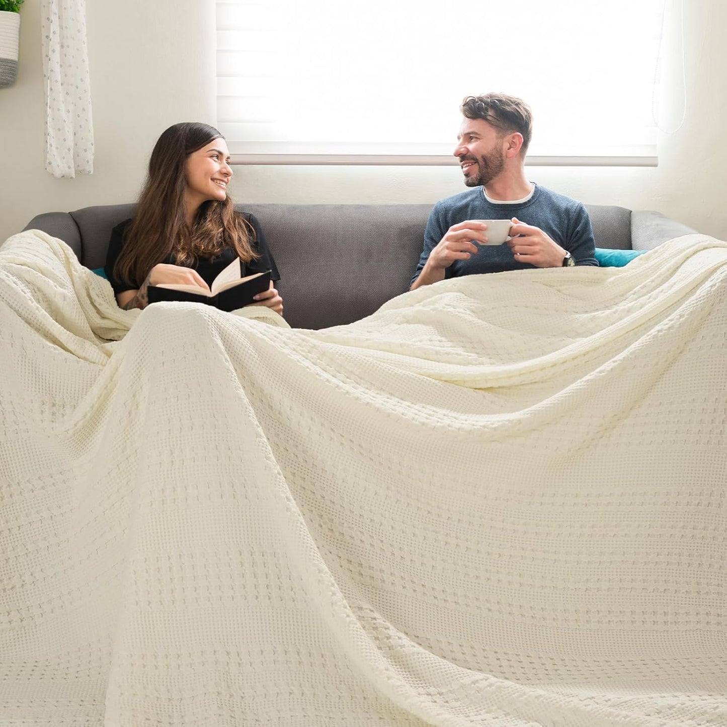 PHF 100% Cotton Waffle Blanket Oversized King 120"x120", Lightweight Breathable Extra Large 10'x10' Blankets for Bed, Giant Big Luxury Aesthetic Woven Bedding for Home Decor, Cannoli Cream