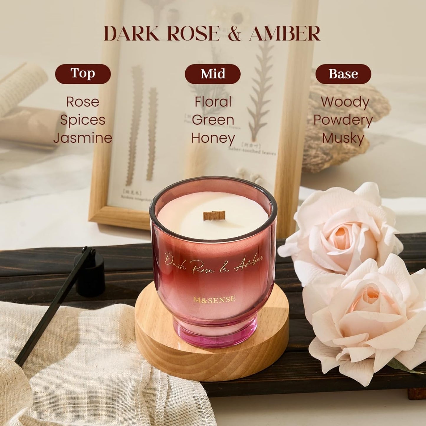 M&SENSE 9.88oz Natural Soy Wax Jar Candle with Wooden Wick | Dark Rose Amber Scent | 55-Hour Burn & Long-Lasting Burn | Housewarming Gift for Men and Women