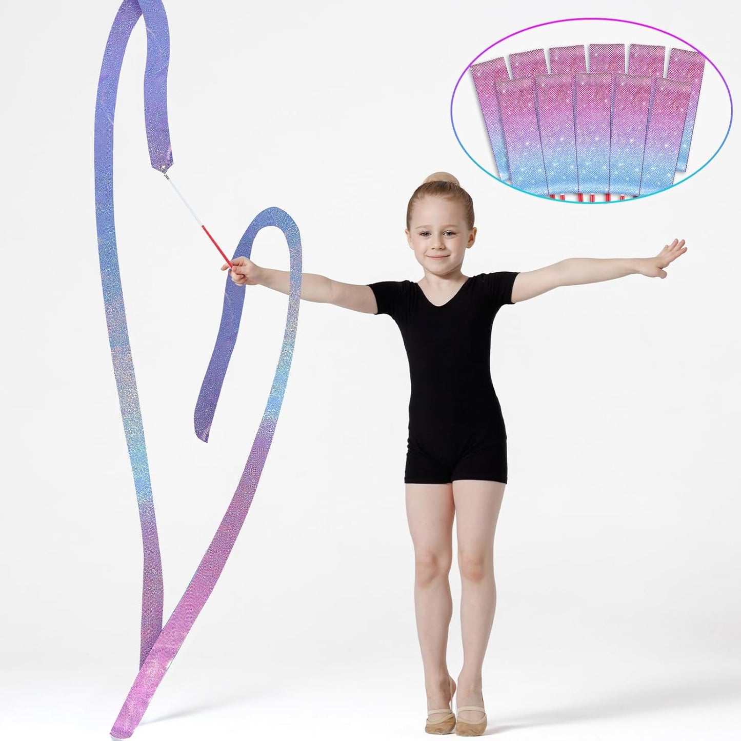 24 Pcs Sparkling Dance Ribbon for Kids Rhythmic Gymnastics Birthday Party Favors Twirling Streamer for Girl Princess Artistic Dancing Outdoor Game Supplies(Gradient Blue Purple)