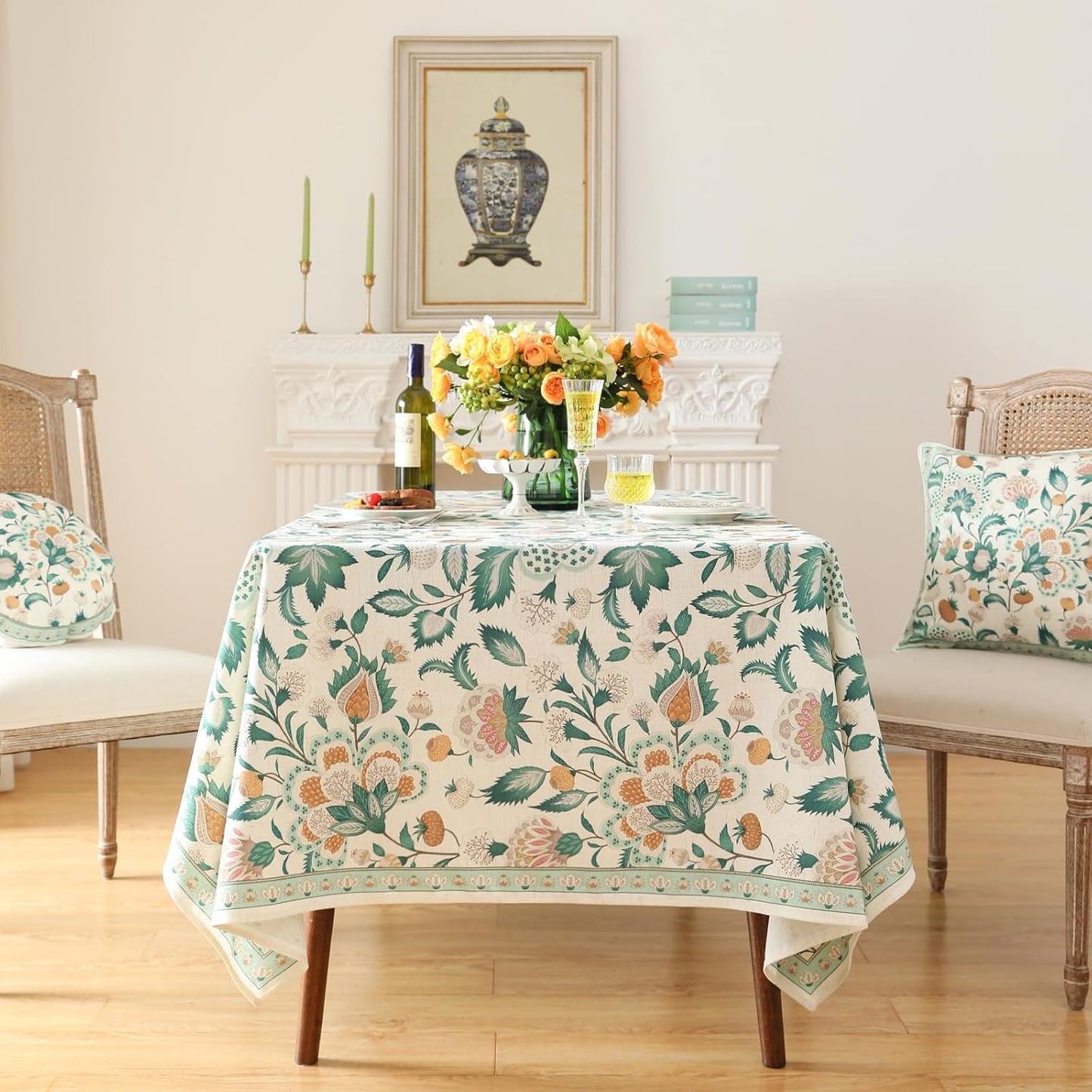 patdrea Designer French Green Table Cloth for Rectangle Table,Vintage Italian Floral Country Linen Extra Long Tablecloth,Decor Cover for Kitchen Dining,Christmas,Thanksgiving,67"x118"-Tree Life