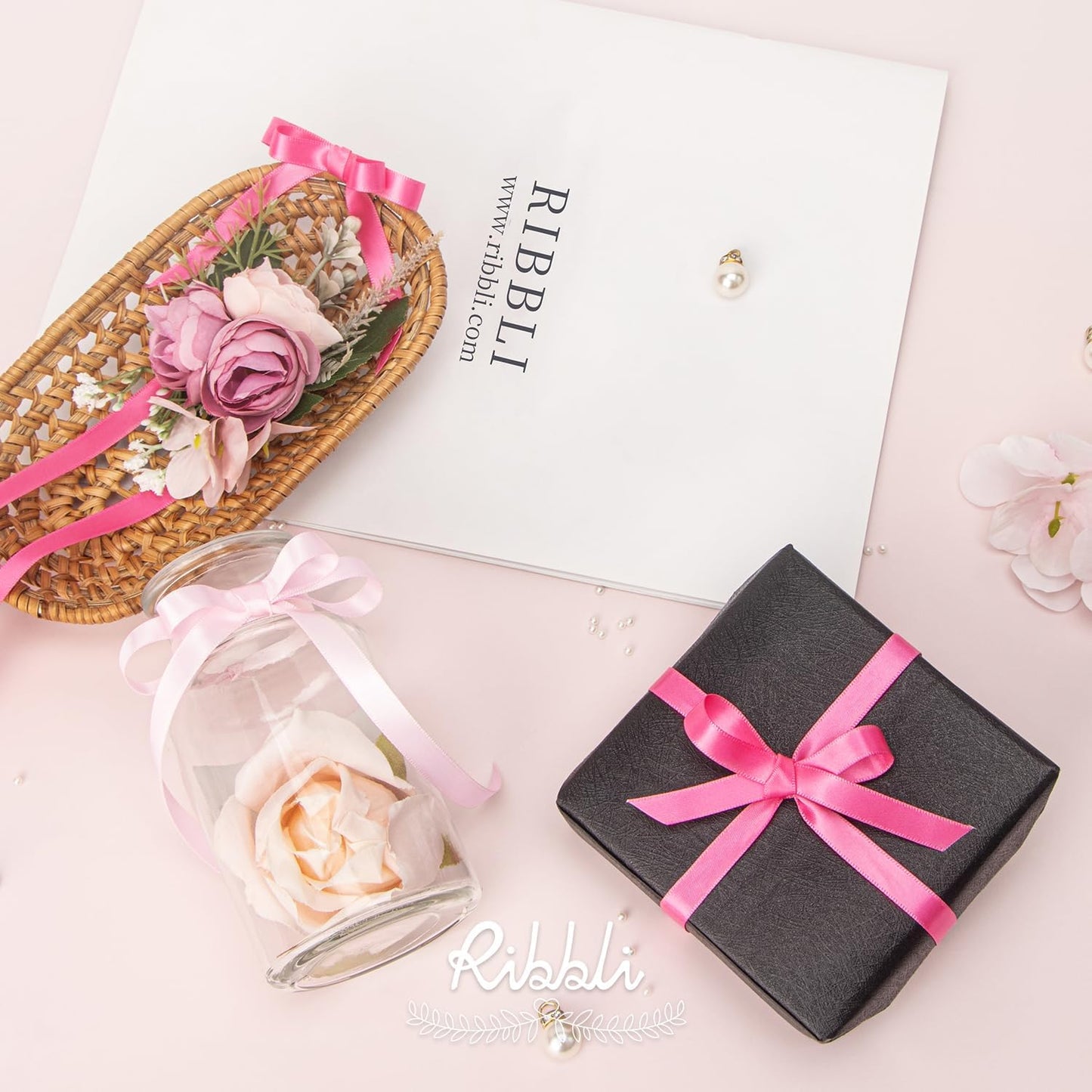 Ribbli Double Faced Hot Pink Satin Ribbon,3/8” x Continuous 25 Yards,Use for Bows Bouquet,Gift Wrapping,Floral Arrangement