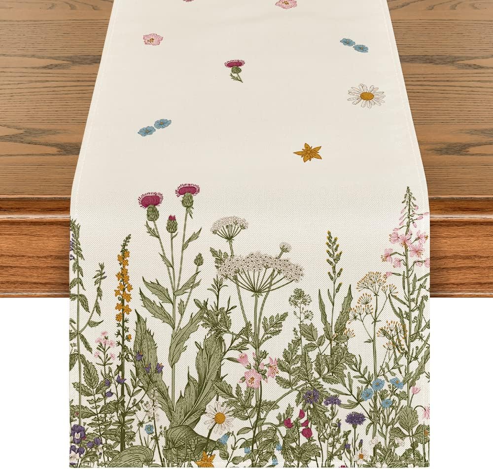 Artoid Mode Antique Herbs and Wild Flowers Summer Table Runner, Spring Fall Kitchen Dining Table Decoration for Home Party 13x120 Inch