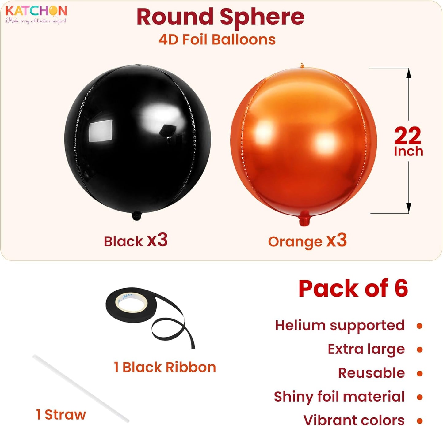 Katchon, Huge, Metallic Orange and Black 4D Foil Balloons -22 Inch-pack of 6 | Halloween Decorations Indoor with Halloween Balloons | Fall Decorations For Home, Thanksgiving decorations Indoor