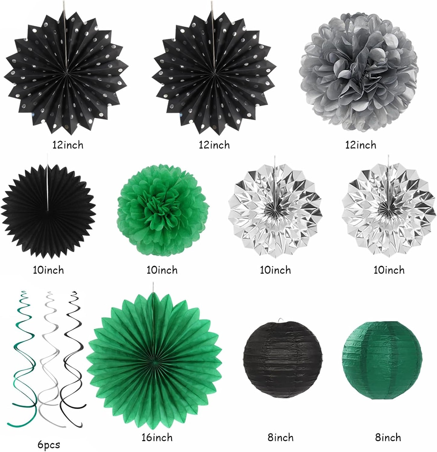 Black Green Silver Football Party-Decorations - 33pcs Banner,Soccer Graduation Streamers Tassel Garland,Tissue Pom Poms Honeycomb,Paper Lantern Fans,Men Boys Birthday Spring Summer Jungle Decor Hugtmr