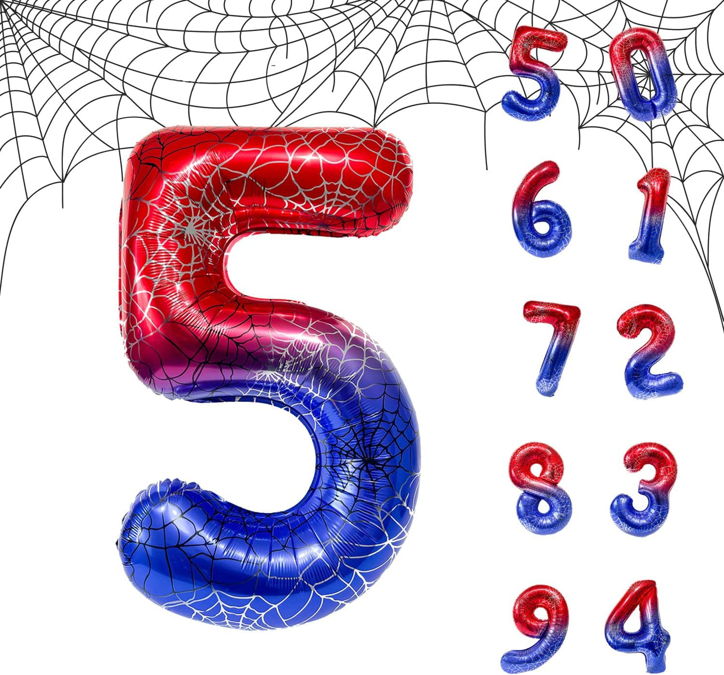 Spider Web 40Inch Foil Number Balloons Set 0-9 Includes Inflation Straws - Giant 7 Decor for Birthdays, Anniversary Party Arch Supplies (Spider, Number 5)