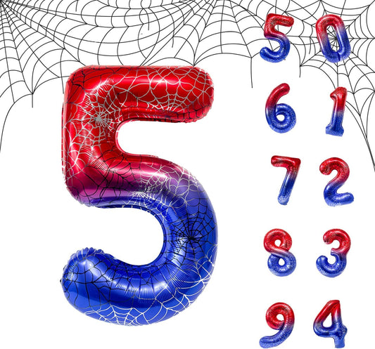 Spider Web 40Inch Foil Number Balloons Set 0-9 Includes Inflation Straws - Giant 7 Decor for Birthdays, Anniversary Party Arch Supplies (Spider, Number 5)