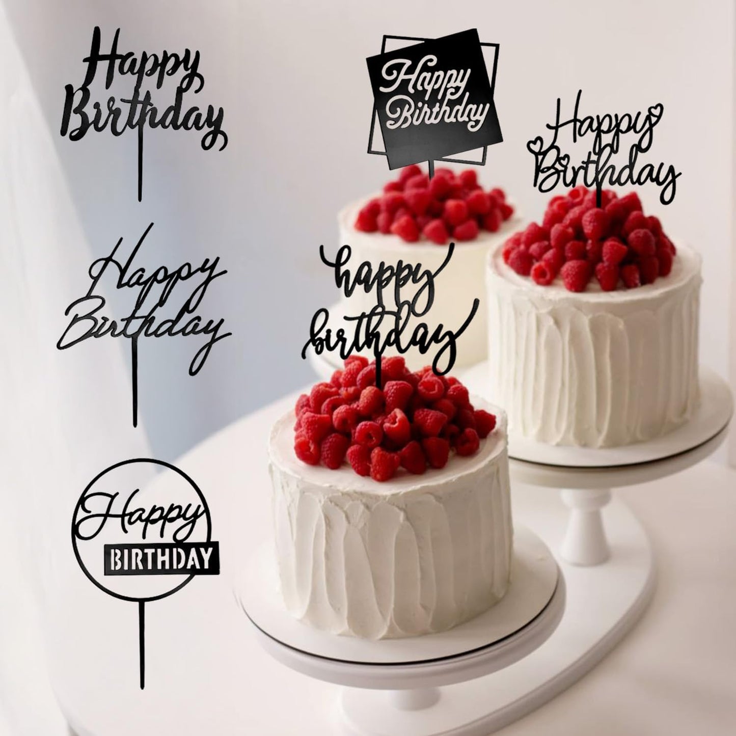 6 Pcs Black Happy Birthday Cake Toppers Set, Acrylic Cake Decoration for Birthday Party