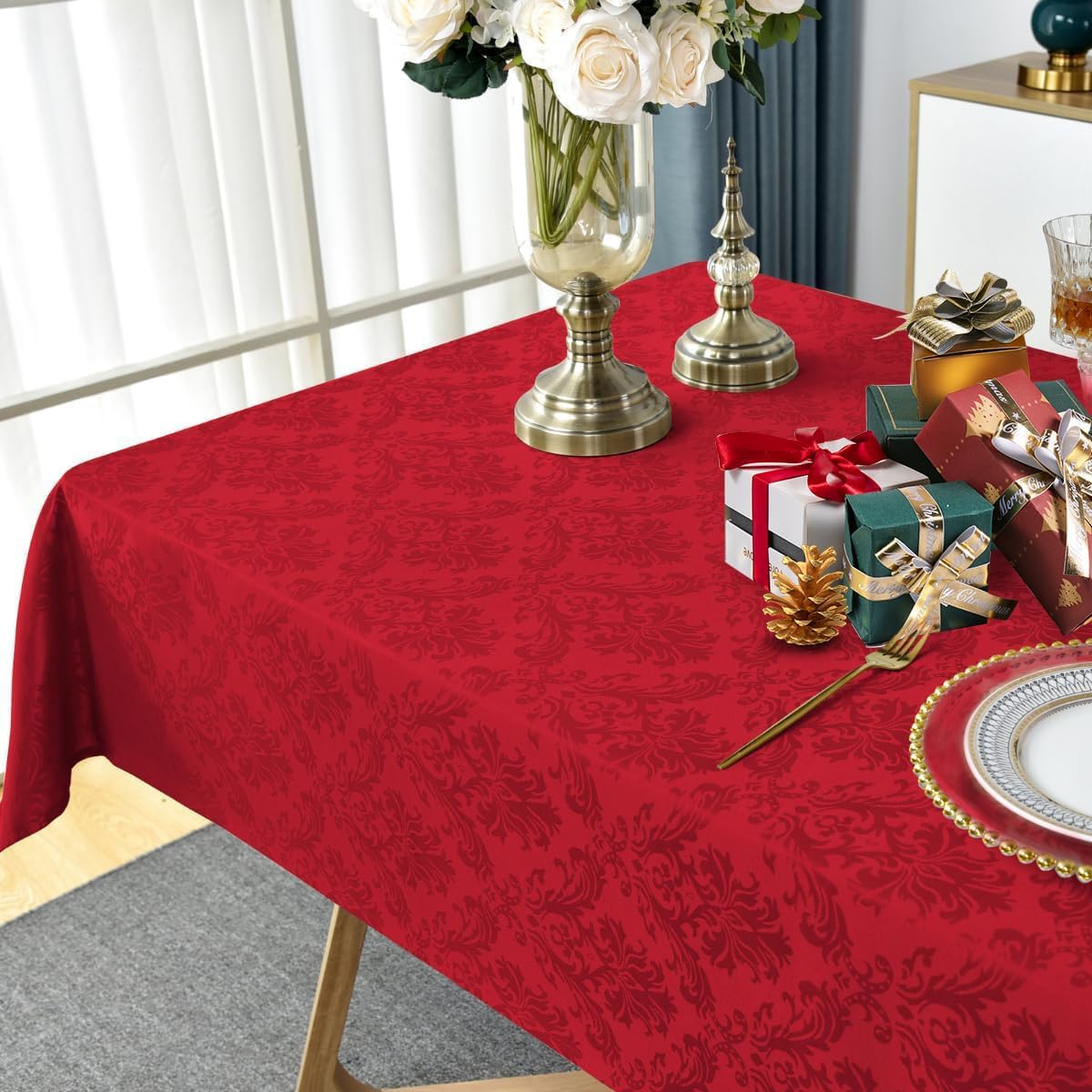 SASTYBALE Christmas Red Square Jacquard Tablecloth, Damask Table Cloth, Spill Proof Wrinkle Resistant Tablecloths, Soft Polyester Oblong Table Cover for Holiday,Winter,Kitchen,Parties (Red, 52X52)