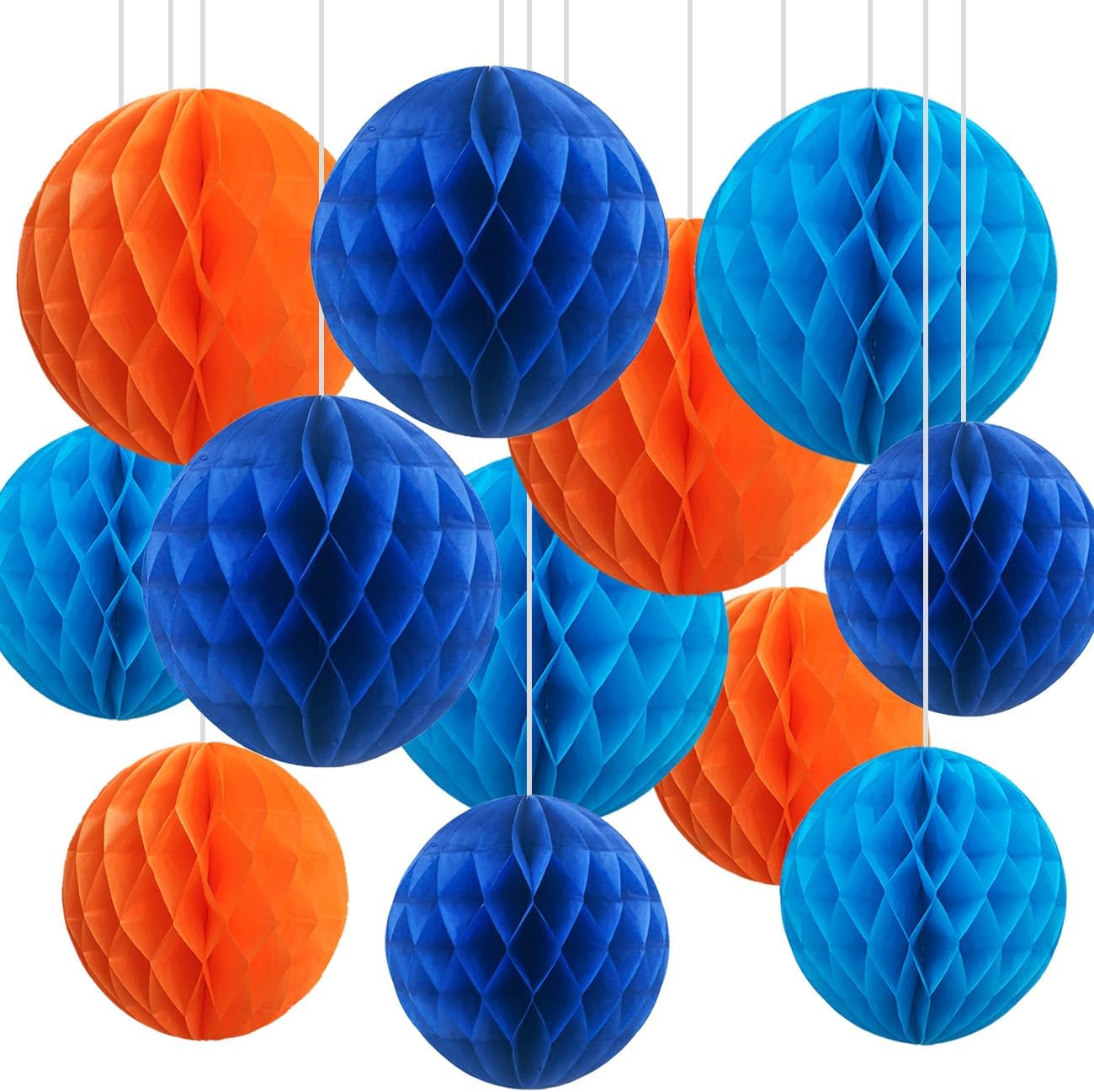 CC wonderland zone 12pcs Blue and Orange Paper Honeycomb Balls,6" & 10" Hanging Tissue Pom poms for Birthday Party Decoration