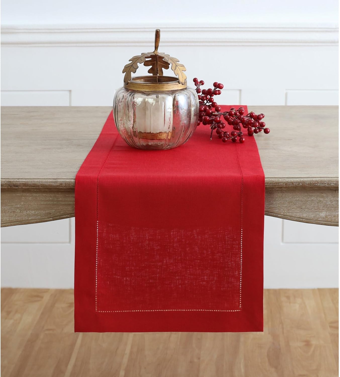 Solino Home Linen Red Table Runner 60 Inches - Classic Hemstitch, 100% Pure Linen Coffee Table Runner 14 x 60 Inch Ideal for Dresser Tables - Christmas, Holiday