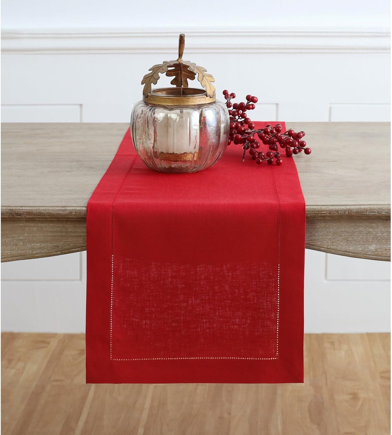 Solino Home Linen Table Runner 90 Inches Long - 100% Pure Linen Red Table Runner 14 x 90 Inch for Christmas, Holiday - Classic Hemstitch