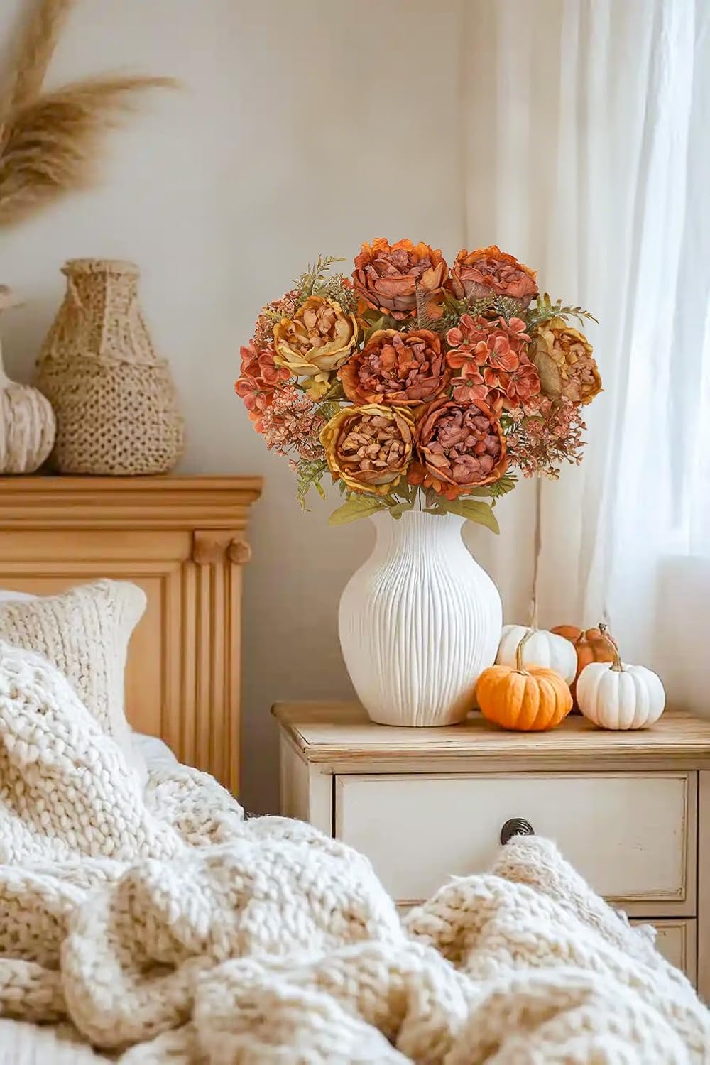 Hollyone 2Pcs Artificial Fall Flowers Bouquet 18.8" Burnt Orange Dried Peony Hydrangea Fake Fall Floral Silk Flowers Faux Flower Arrangement for Home Wedding Table Centerpiece Thanksgiving Party Decor