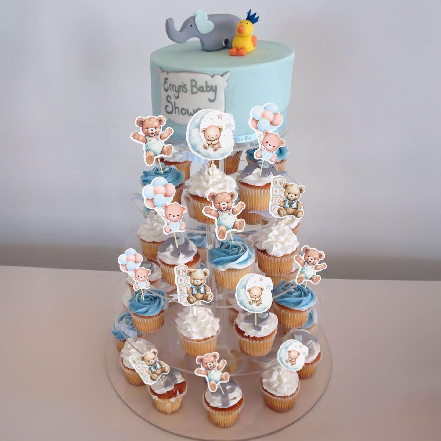 Gyufise 32Pcs Baby Shower Bear Cupcake Toppers Moon Baby Bear Baby Shower Cake Topper Decorations Jungle Animal Theme Birthday Party Cake Supplies Blue