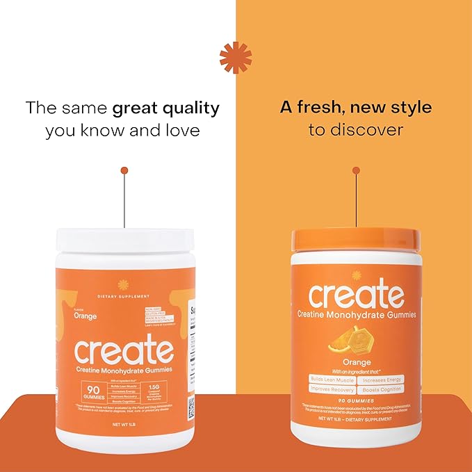 Create Creatine Monohydrate Gummies for Men & Women, Boost Focus, Strength, and Endurance, Anti-Melting Formula, Vegan, Gluten-Free, Non-GMO, 1.5g of Creatine per Gummy (Orange, 90 ct)