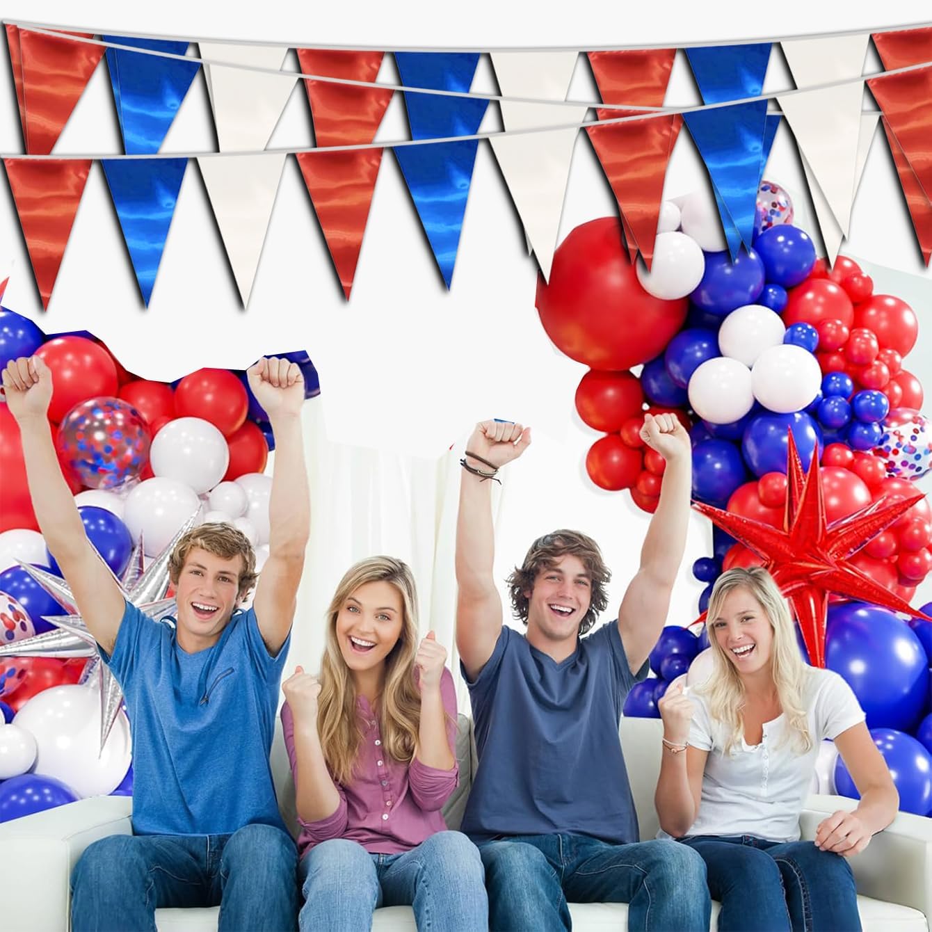 40M/130FT White Blue Red Triangle Pennant Banner Flag Metallic Fabric Bunting Garland for Christmas Graduation, Independence Day, 4th of july, Patriotic Themed Party Decoration