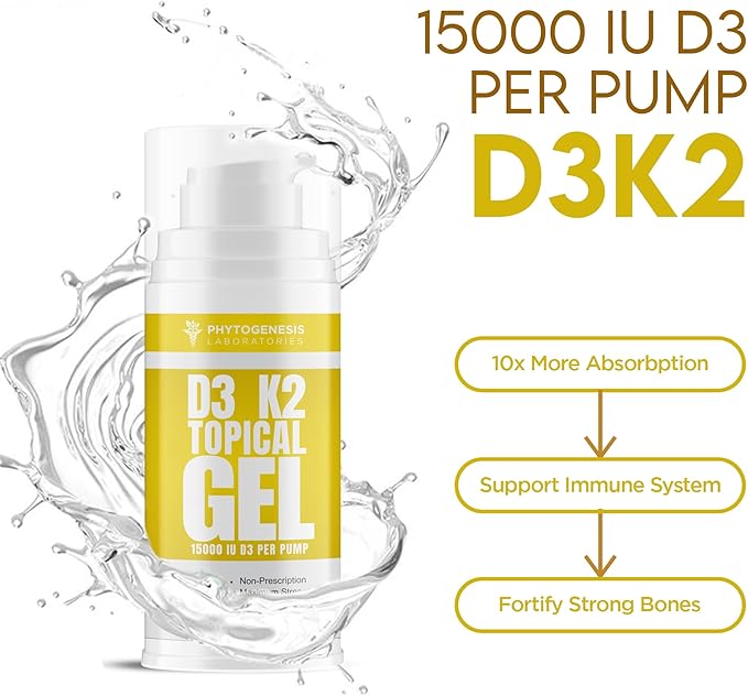 Vitamin D3 K2 Maximum Strength Topical Gel - 15000+ IU Per Pump - The Sunshine Vitamin - Supports Bone & Joint Health, Immune Support - One Month Supply