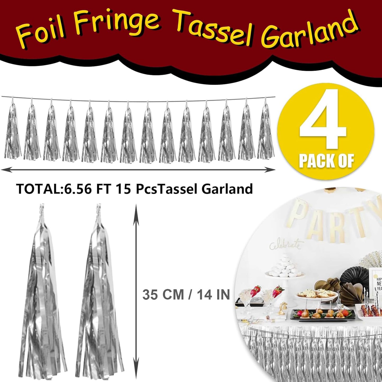 4P Silver Foil Fringe Tassel Banner Garland Metallic Tinsel Streamers Wall Hanging Curtain Backdrop Banners for Parade Floats, 2024 Graduation Decorations, Christmas, Wedding Party Decoration