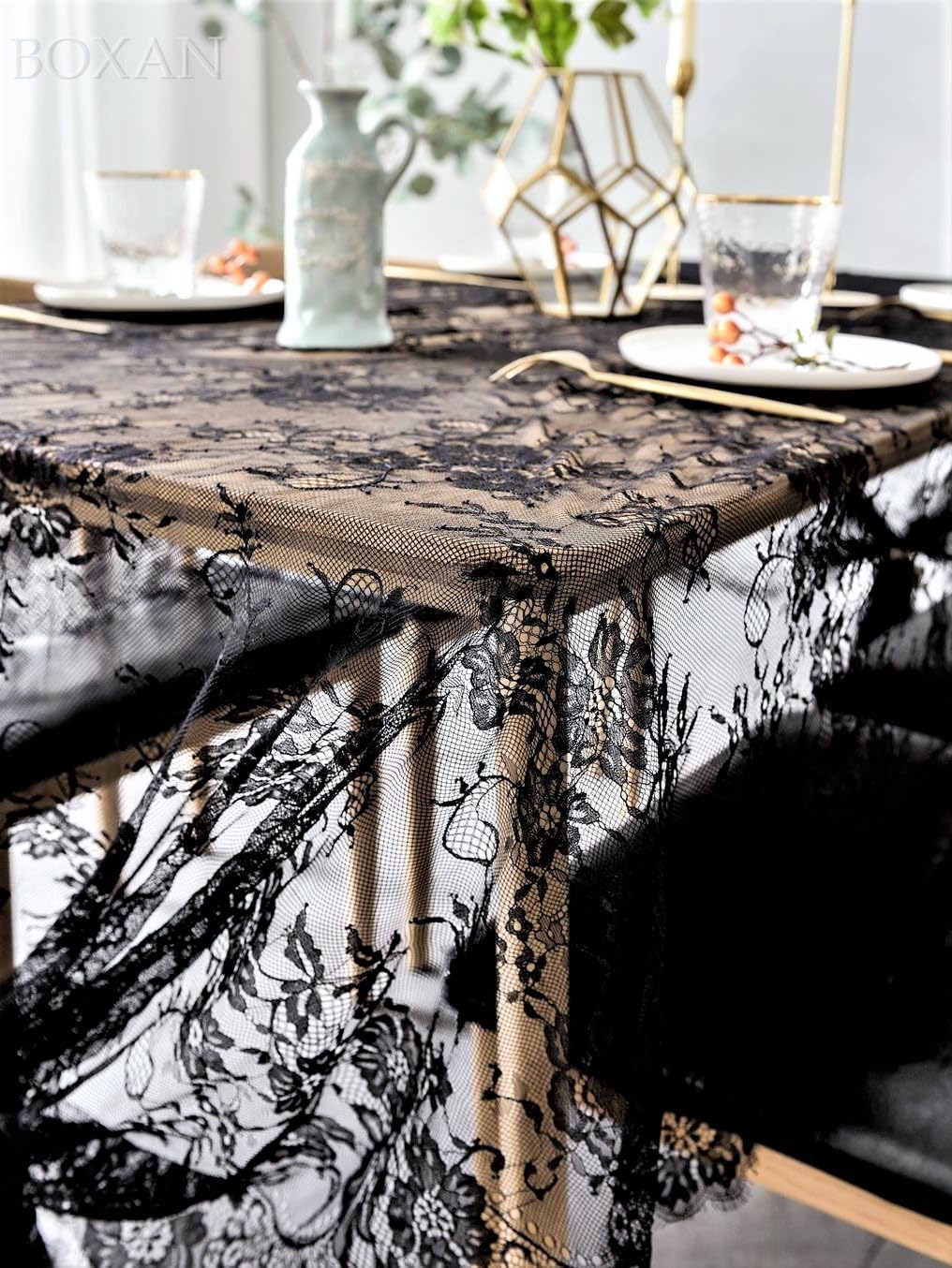 BOXAN Black Lace Tablecloth Overlay Rose Vintage Embroidered, Romantic Boho Wedding Reception Table Decor, Baby & Bridal Shower Décor, Elegant Chic Outdoor Tea Party Tablecover -120" x 60" Rectangular